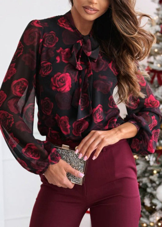 Black Rose Bow Lace Up Chiffon Shirts Top Spring