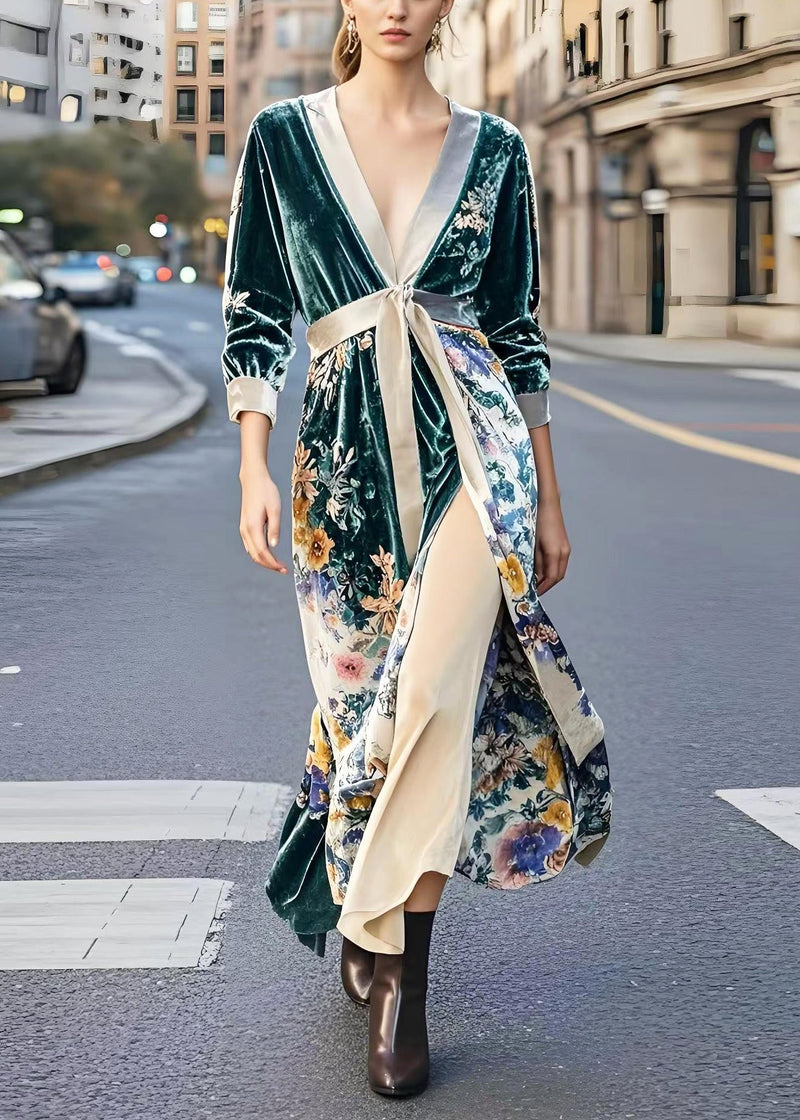 Peacock Green Cinched Print Side Open Silk Velvet Dresses Spring