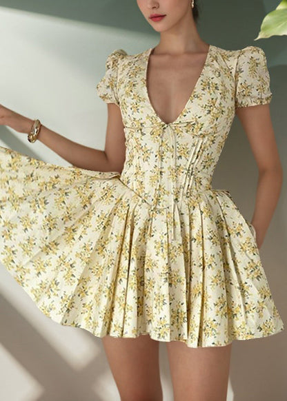 French Yellow Puff Sleeve Print Wrinkled Short Dress