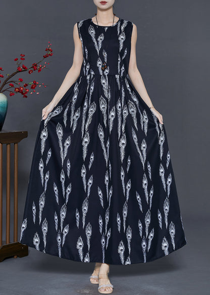 Black Feather Print Chiffon Holiday Dress Summer