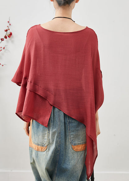 Red Asymmetrical Design Cotton Loose Tops Summer