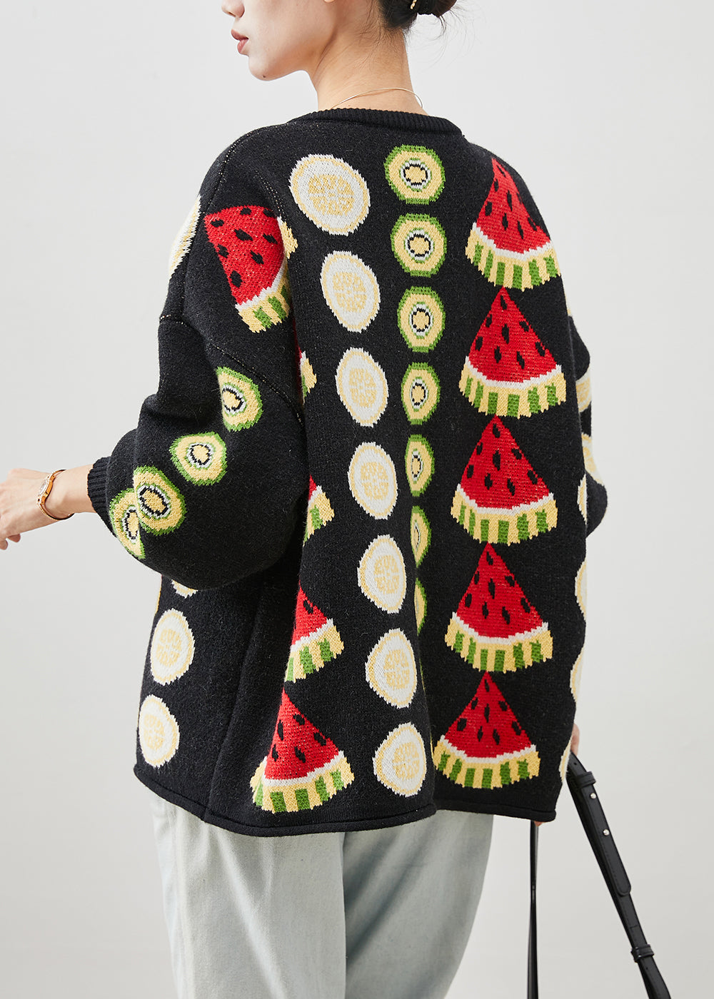 Black Fruit Print Oversized Knit Cardigans Winter