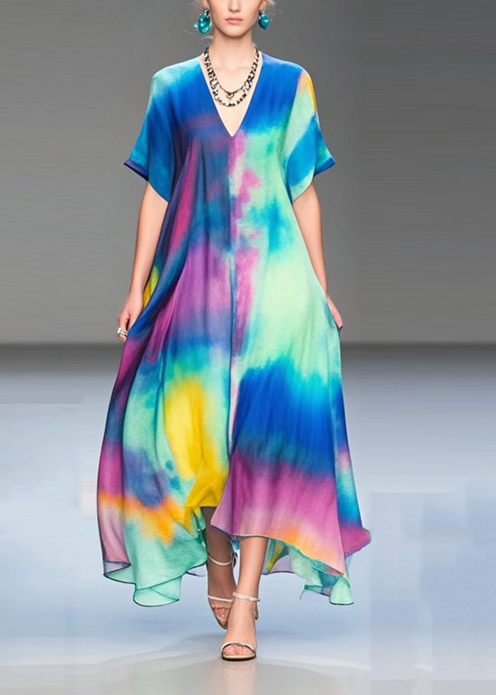 Rainbow V Neck Tie Dye Chiffon Holiday Dress Summer