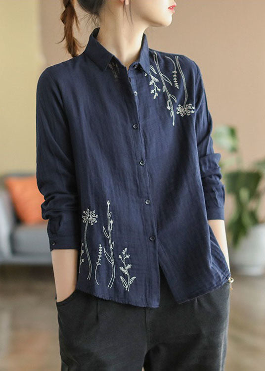 Navy Slim Fit Cotton Shirt Turn-down Collar Embroidered Spring