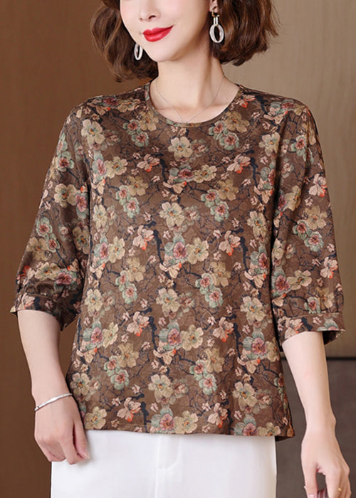 Loose Coffee O Neck Print Wear on Both Sides Silk Shirts Summer