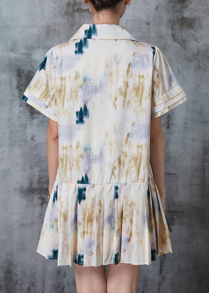 White Peter Pan Collar Tie Dye Cotton Pleated Dresses Summer
