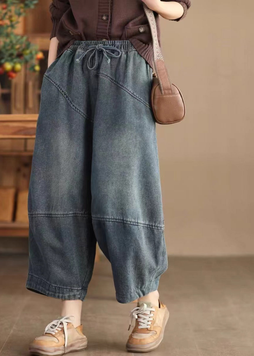 Blue Pockets Elastic Waist Cotton Harem Pants Spring