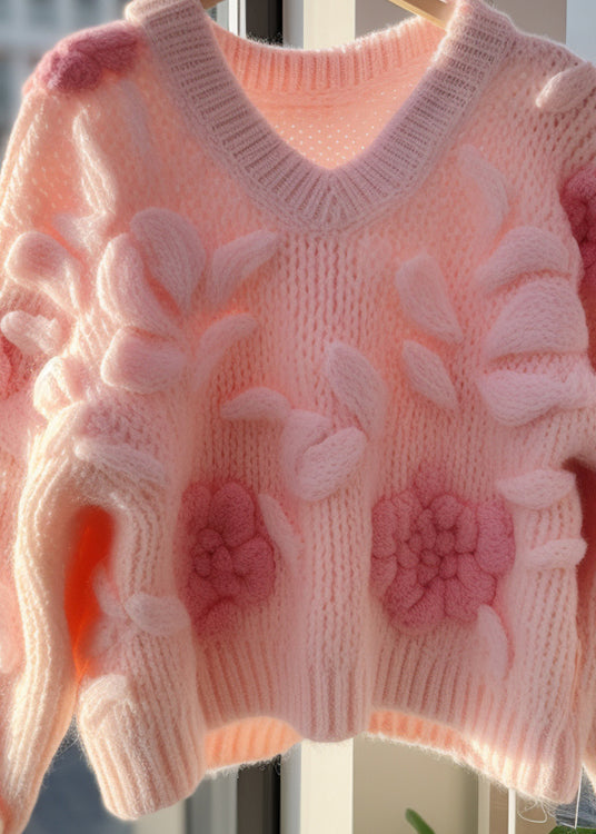 Pink V Neck Original Design Knit Cardigans Fall
