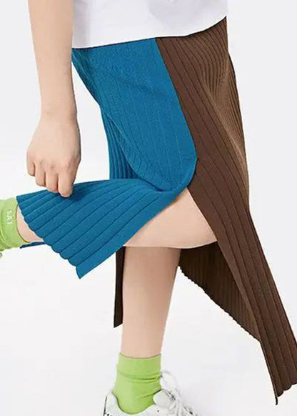 Blue Splicing Skirt Slit Design Knit a Line Skirts