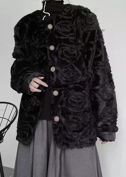 Black O-neck Button Fuzzy Fur Fluffy Coats Spring