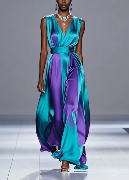 Dull Green Cinched Patchwork Silk Vacation Dresses Sleeveless
