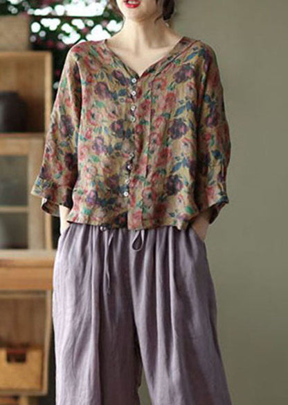 Coffee V Neck Print Linen Shirt Tops Summer