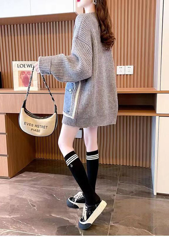 French Grey O-neck Oversized Lazy Patchwork Pockets Knit Sweater Tops Winter