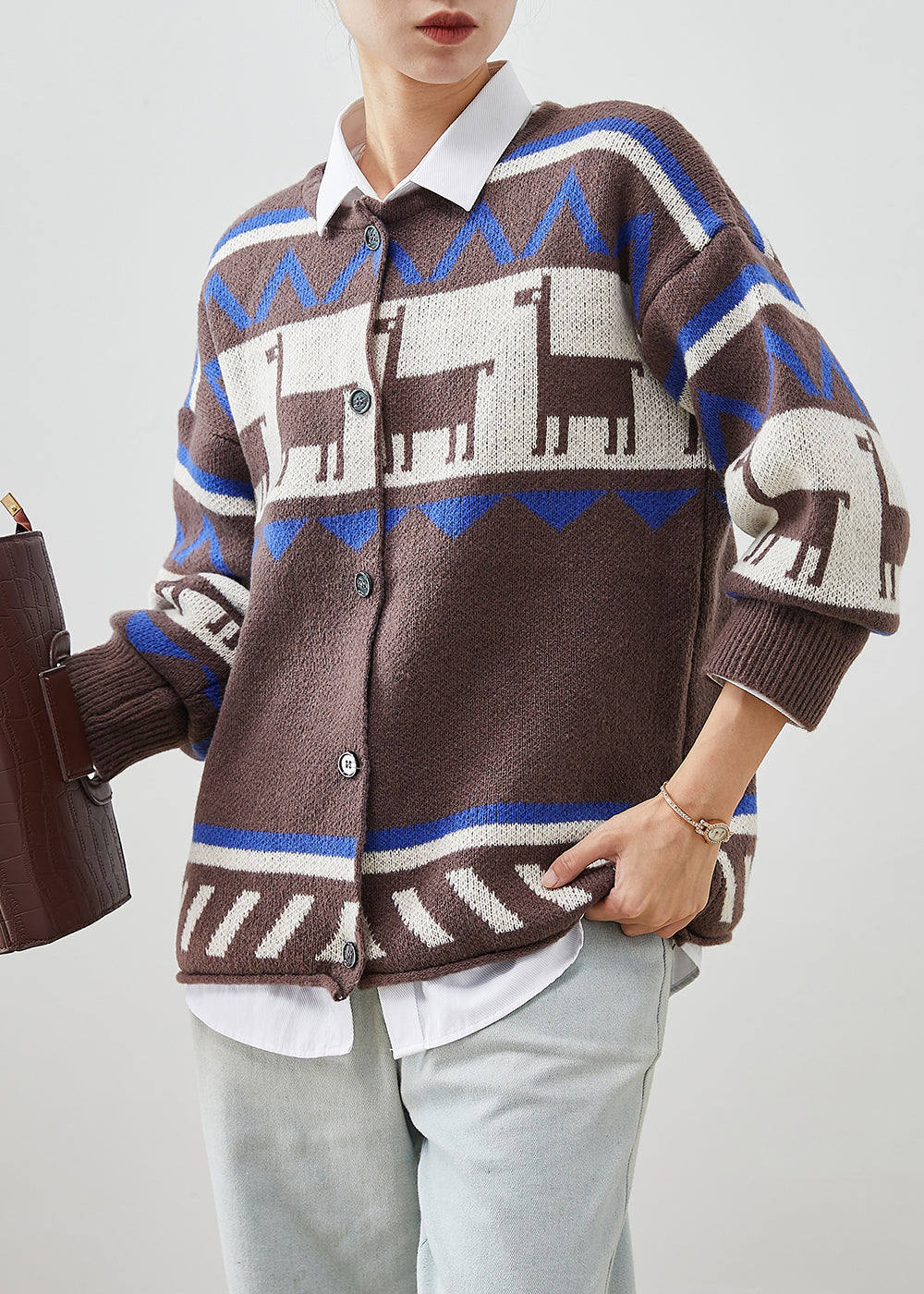 Italian Coffee O-neck Print Knit Cardigans Spring