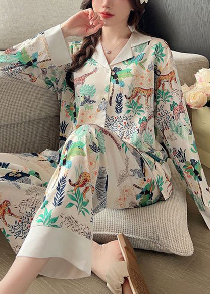 Loose Photo Color Peter Pan Collar Print Ice Silk Pajamastwo Pieces Set Spring