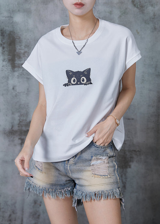 White Cat Print Cotton Tank Tops Summer
