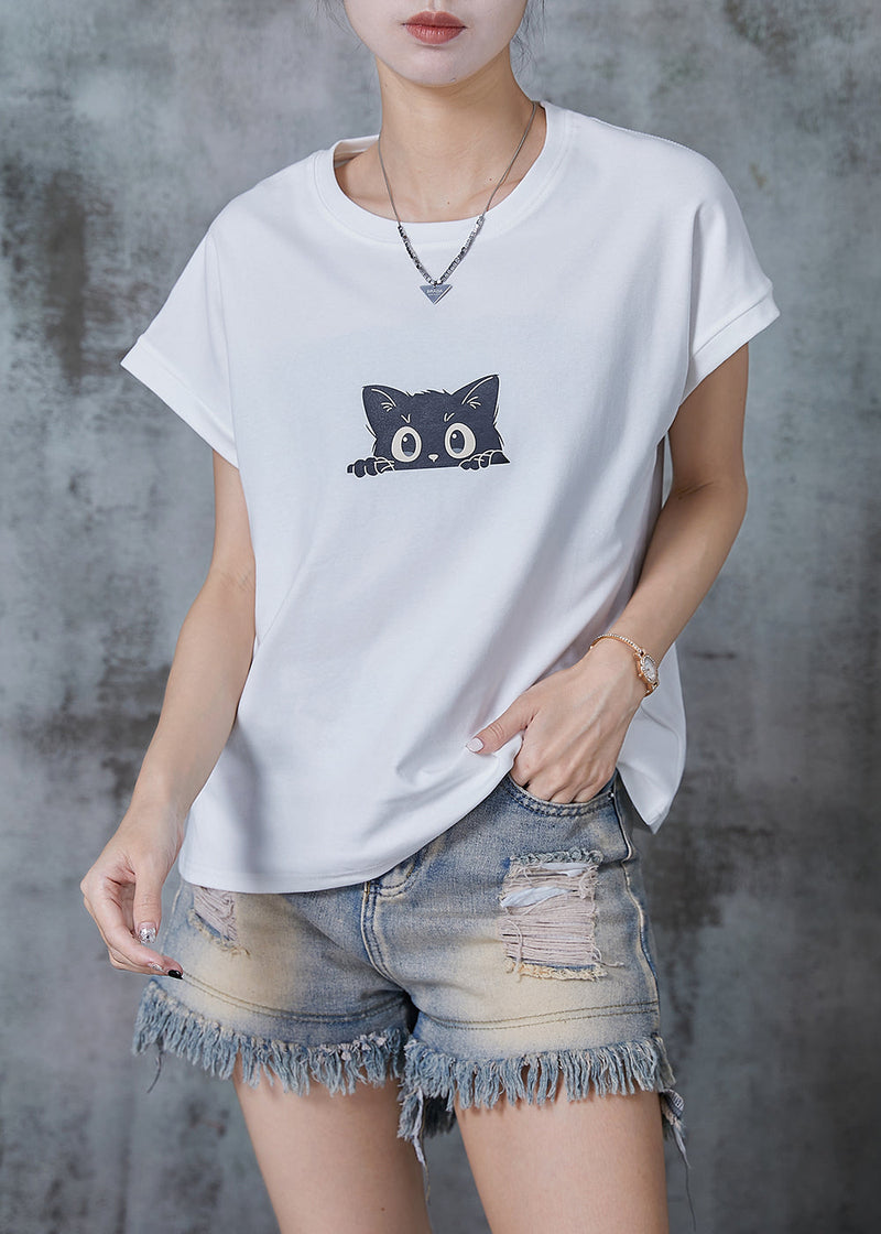 White Cat Print Cotton Tank Tops Summer