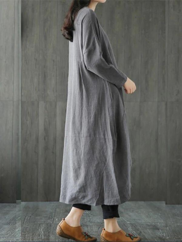 Gray Cotton Linen Dress O Neck Asymmetric Maxi Spring Dresses