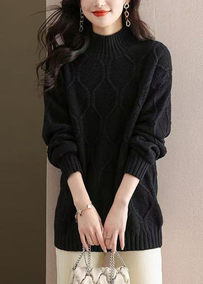 Beige Half Hign Neck Thick Knit Sweater Tops Fall