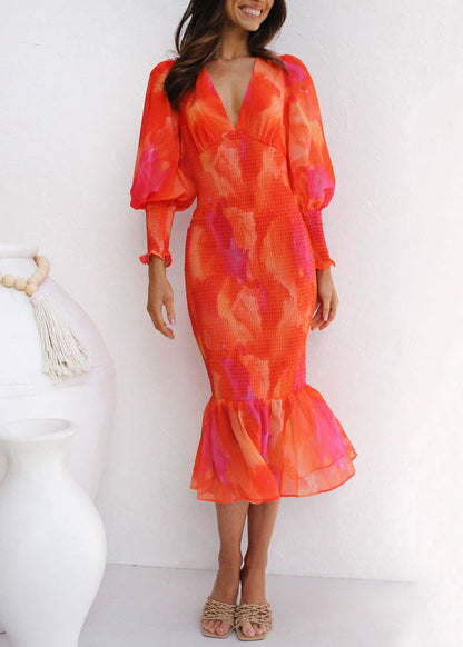 Red V Neck Lace Up Cotton Fishtail Dress Puff Sleeve