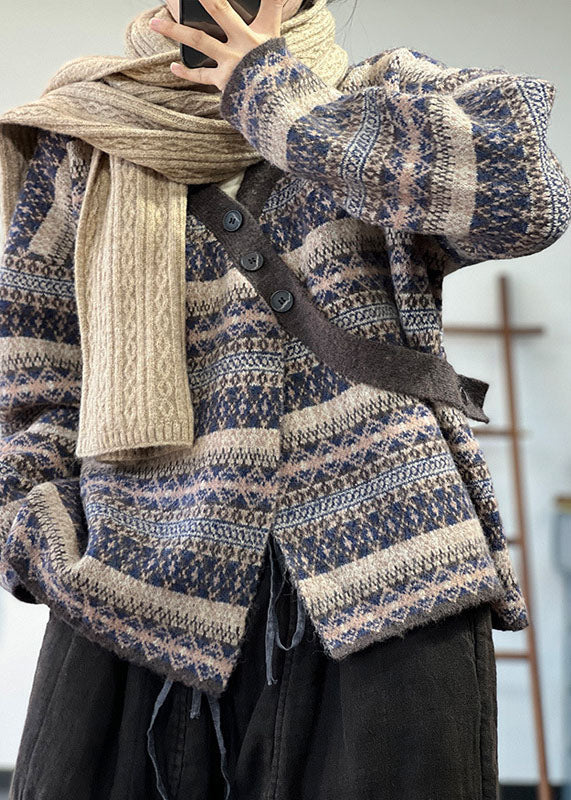 Blue Asymmetrical Oversized Print Wool Knit Cardigan Winter