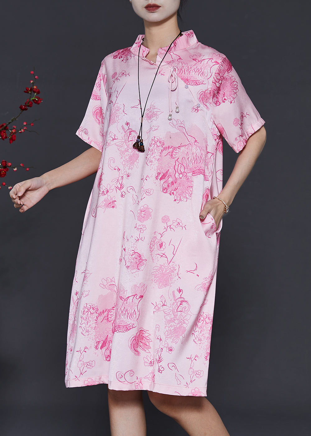Pink Mandarin Collar Print Silk Dresses Summer