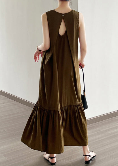 New Olive Green Button Hollow Out Cotton Dress Summer