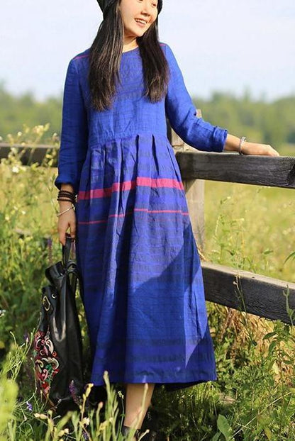 Loose Linen Blue Striped Dress