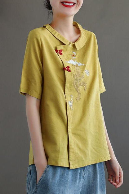 Embroidered Turn Down Collar Linen Retro T-shirt