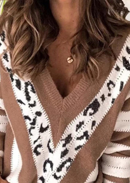 Art Khaki V Neck Asymmetrical Leopard Knit Sweaters Fall