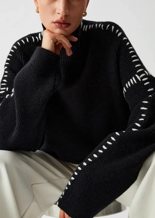 European and American Style Black O Neck Patchwork Knit Sweater Tops Spring