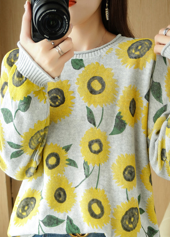 Grey O-neck Print Thick Knit Sweater Fall
