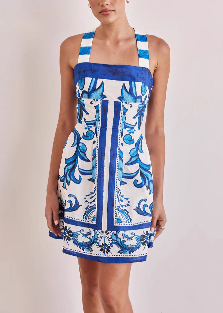 Classy Green Print Cotton Short Spaghetti Strap Dress Summer