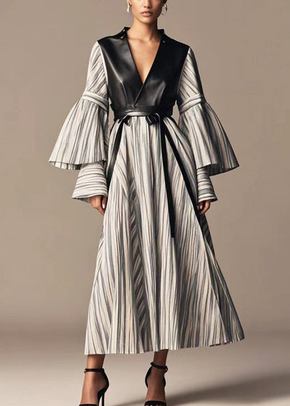 Grey Striped Patchwork Faux Leather Cotton Holiday Dress Flare Sleeve