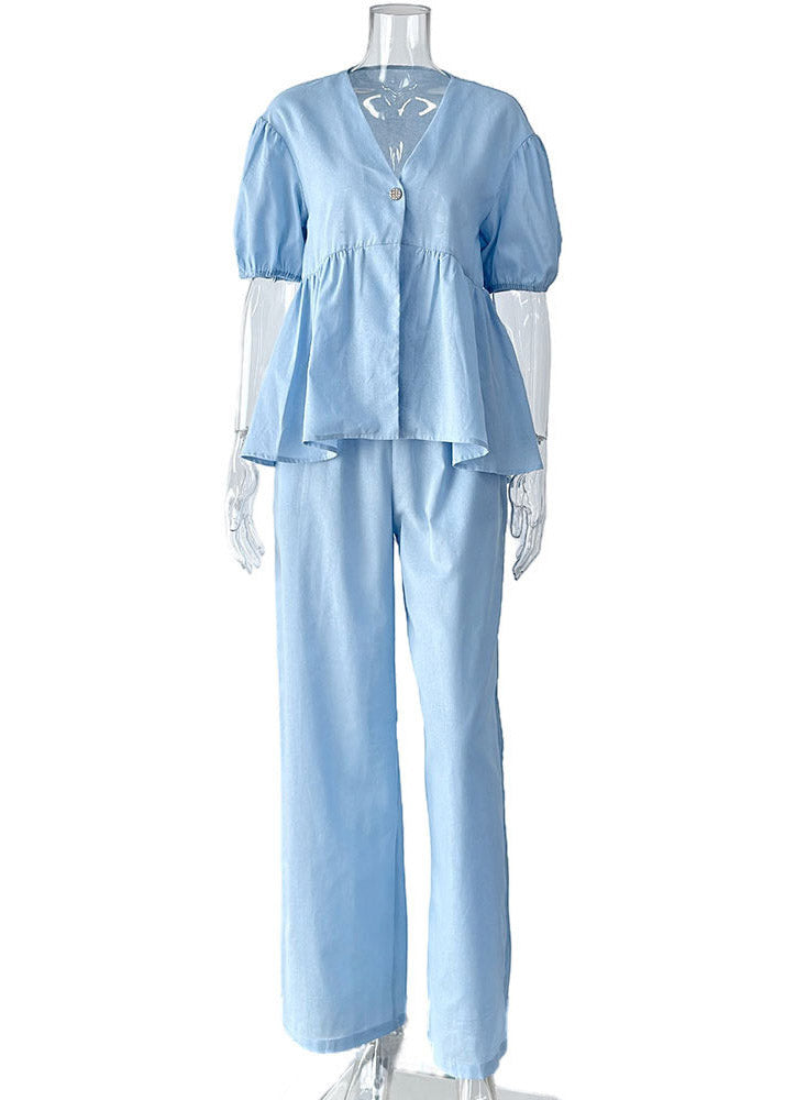Brief Apricot V Neck Patchwork Shirts and Wide Leg Pants Two Pieces Set Summer
