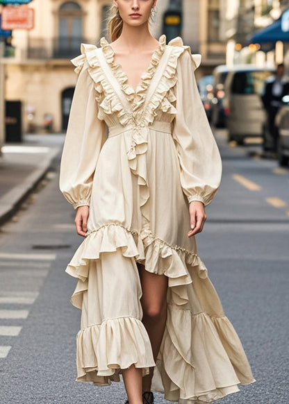 Champagne Color Ruffled Side Open Party Dress Fall