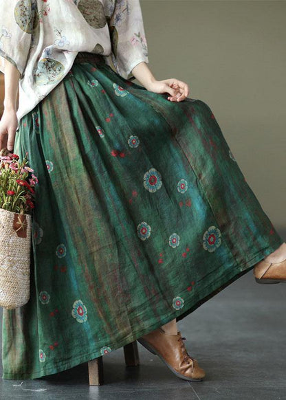 Brown Flower Ramie Elastic Waist Skirt