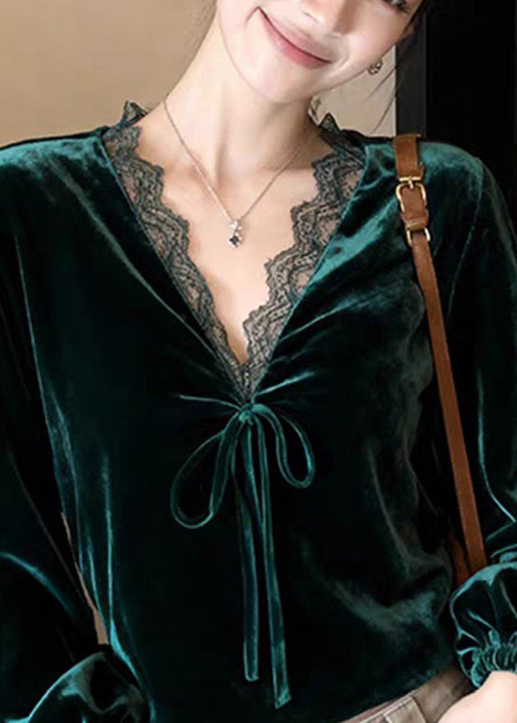 Peacock Green V Neck Lace Patchwork Silk Velvet Shirt Lantern Sleeve
