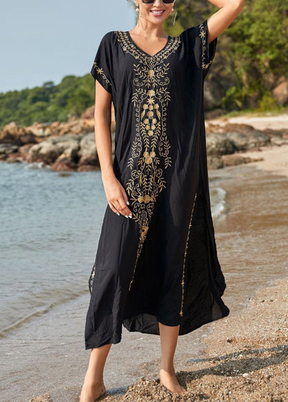 Handmade Black Embroidered Cotton Long Dress Summer