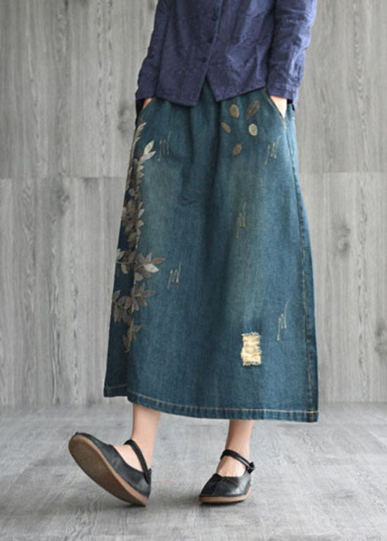 Natural Dark Blue Pockets Embroidered Cotton Denim Skirts Spring