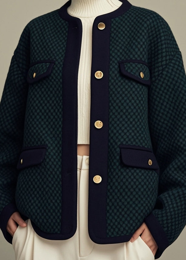 Loose Green O-neck Button Cotton Coats Fall