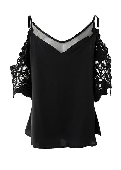 Black V Neck Cold Shoulder Cotton Top Summer