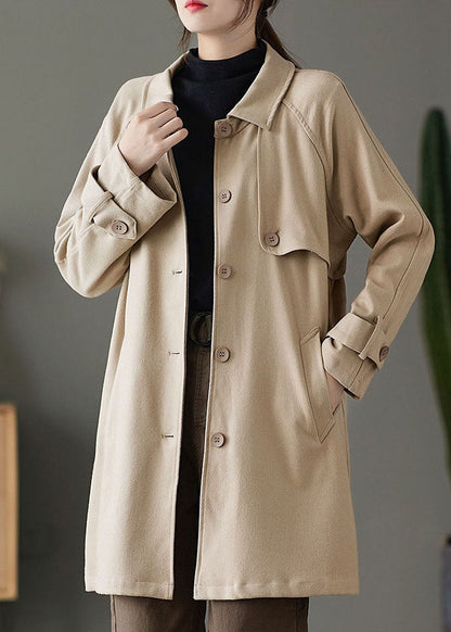 Khaki Button Peter Pan Collar Pockets Trench Coats Spring