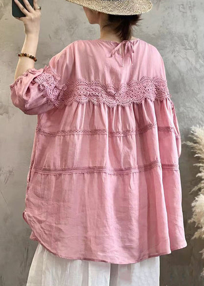 Simple Pink Lace Up Cotton T Shirt Long Sleeve