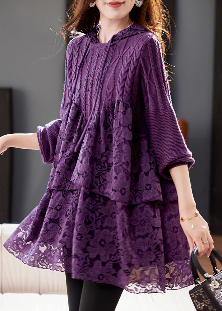Purple Hooded Lace Patchwork Knit Dresses Winter