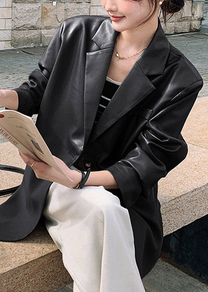 New Coffee Notched Patchwork Faux Leather Suit Coat Fall