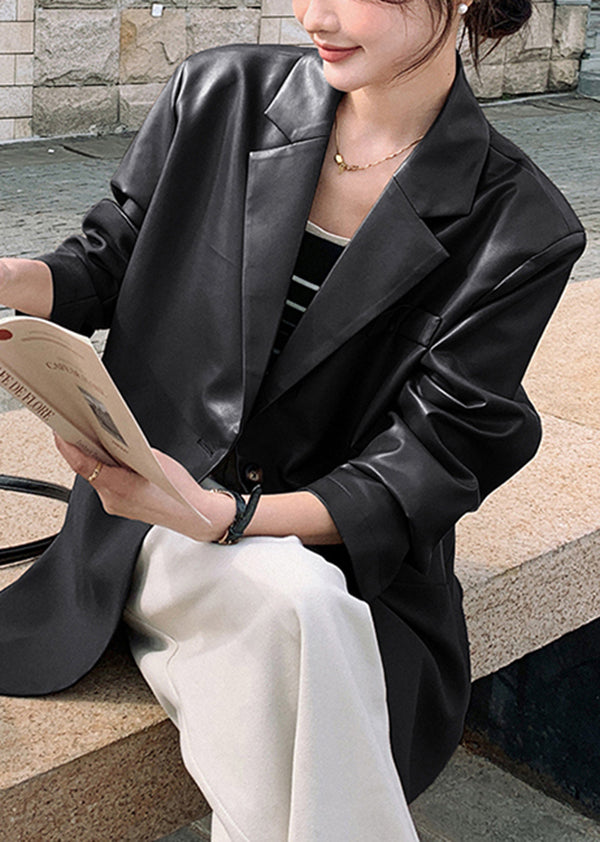 New Coffee Notched Patchwork Faux Leather Suit Coat Fall
