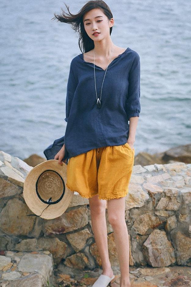 Loose Green and Yellow Linen Shorts Summer Trousers