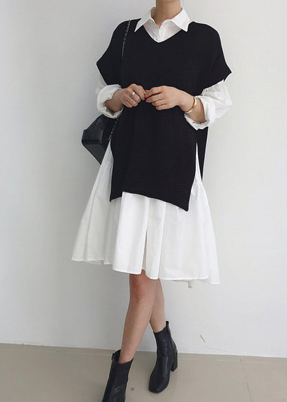Stylish Side Open Knit Vests and Shirt Dresses Two Pieces Set Spring