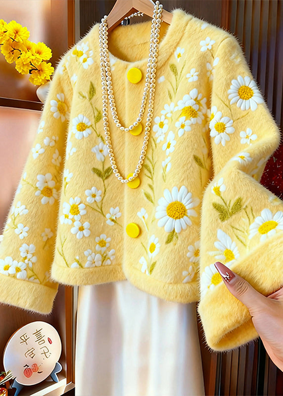 Yellow O Neck Dotted Daisy Knit Cardigans Winter